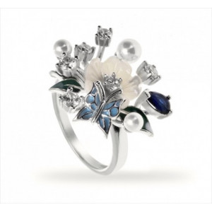 ANILLO PLATA RAMO MARIPOSA FLOR NÁCAR, PIEDRA AZUL, CIRCONITA BLANCA, PERLA. LINEARGENT