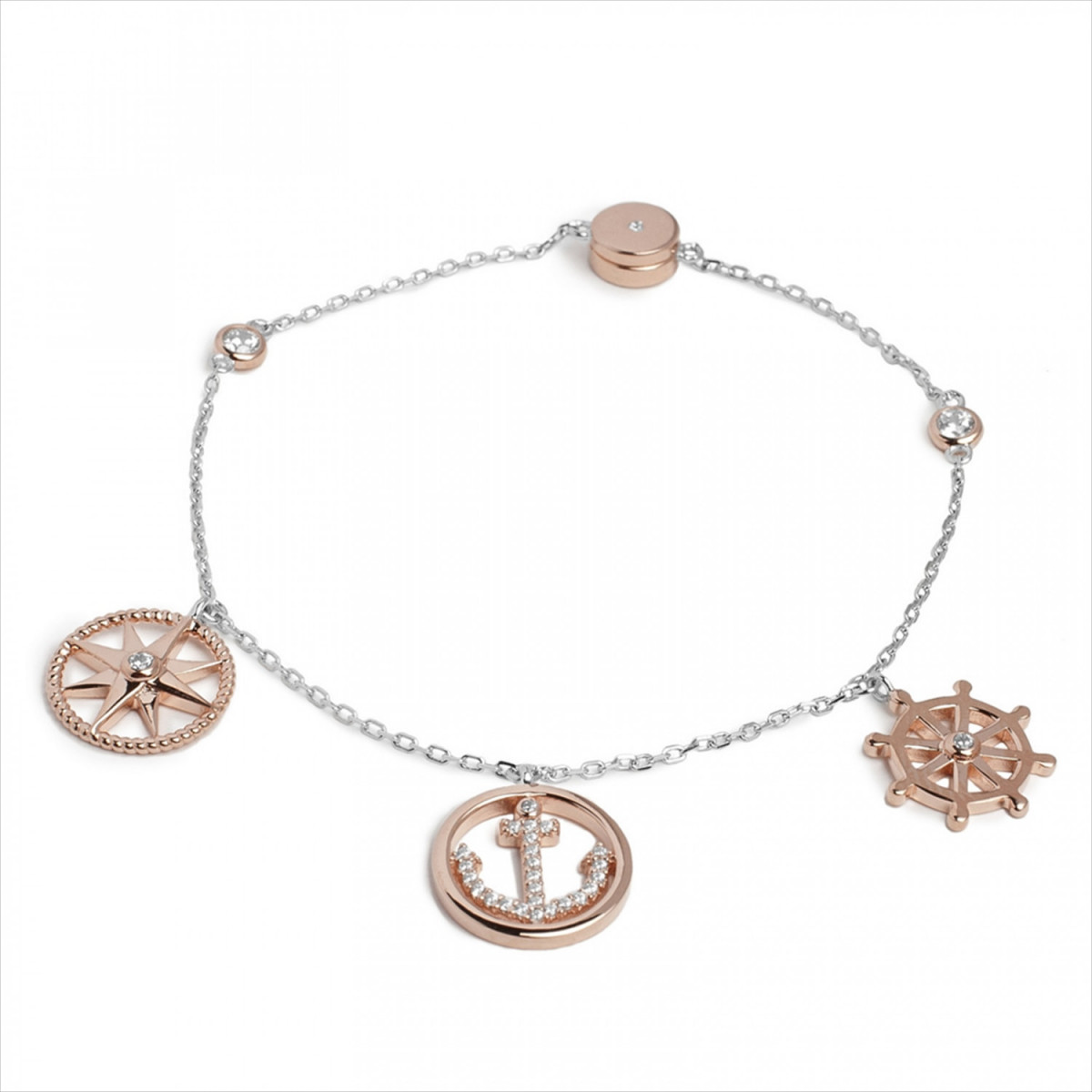 PULSERA CON COLGANTES DE PLATA DISEÑO DE MINI CHARMS MARINEROS BAÑADO EN ORO ROSA. LINEARGENT