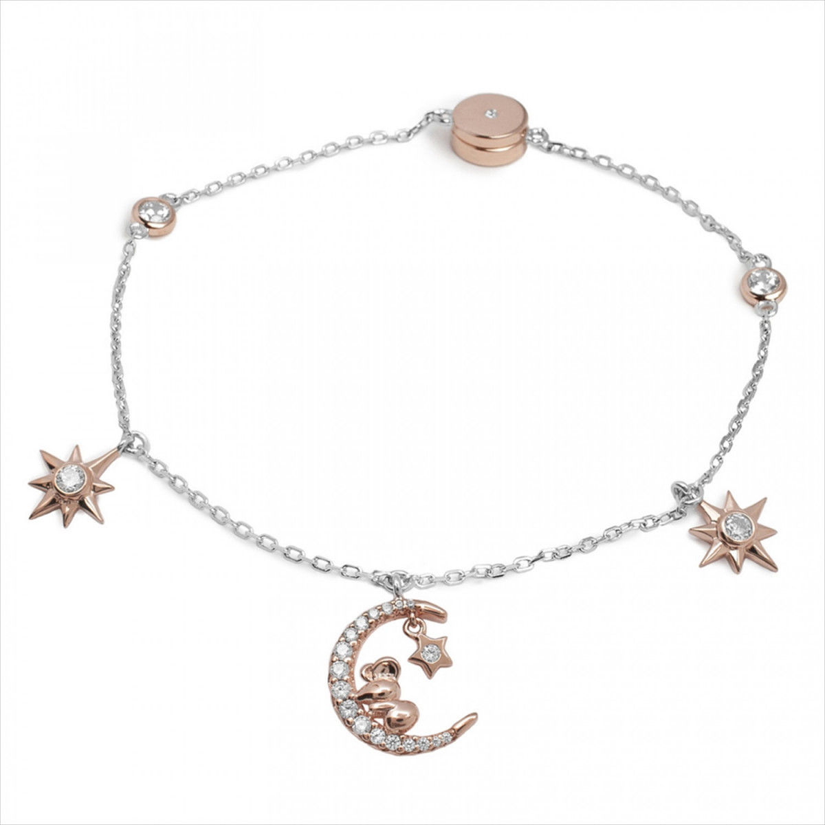 PULSERAS CON COLGANTES MINI CHARMS LUNA Y ESTRELLAS, BAÑADO EN ORO ROSA CON CIRCONITAS. LINEARGENT