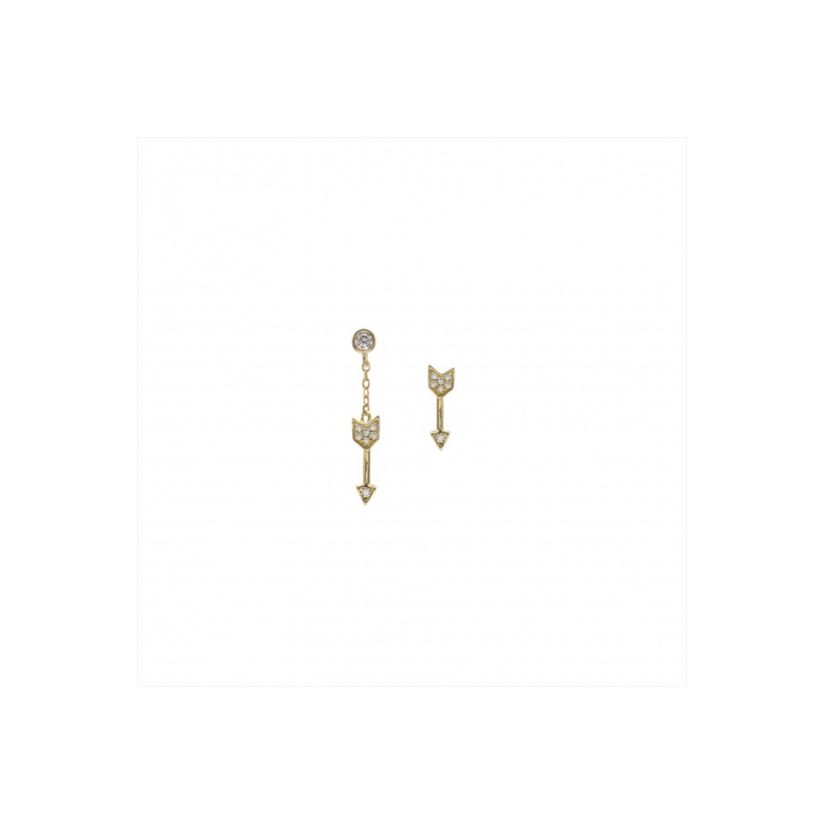 PENDIENTE PLATA BAÑO DE ORO FORMA DE FLECHA CON CIRCONITAS. 1 PENDIENTE CON CADENA. 1 PENDIENTE PEGADO A LA OREJA. LINEARGENT