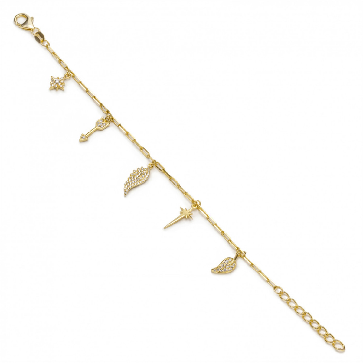 PULSERA PLATA BAÑADA EN ORO CON 5 ABALORIOS COLGANTES, ALAS, FLECHAS, ESTRELLA CON CIRCONITAS. LINEARGENT