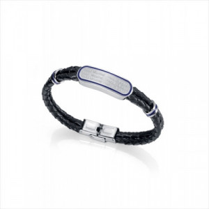 Pulsera Viceroy Real Madrid de piel negra doble, dos piezas de acero con esmalte azul y placa central de acero con contorno en e