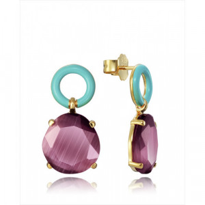 Pendientes Viceroy Jewels de plata de ley bañada en oro con un piedra ojo de gato color morado y aro superior de plata con esmal