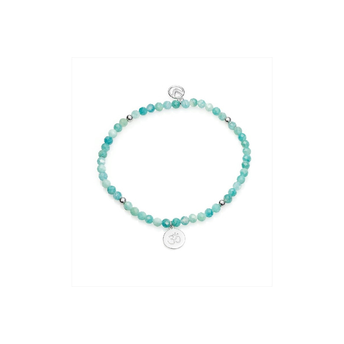 Pulsera elástica bolitas en tonos verdes, cuatro bolitas en plata y colgante chapa. Viceroy