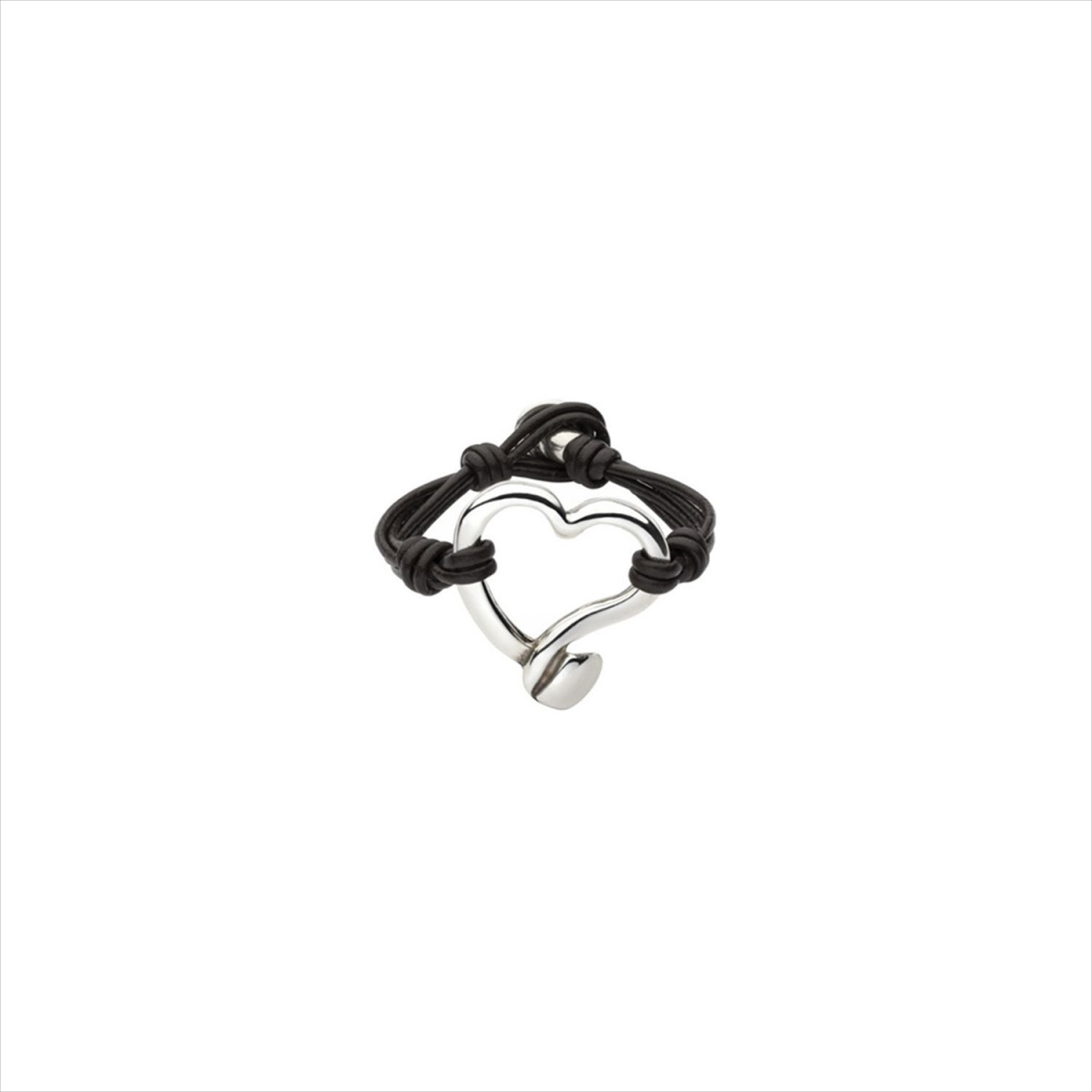 Pulsera Tramar. Metal bañado en plata y cuero. Forma corazón. Uno de 50