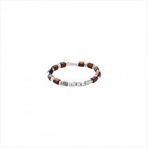 Pulsera Maderado. Metal bañado en plata, cuero y madera de olivo. Uno de 50