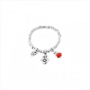 Pulsera Talisman. Charms colgantes, detalle color rojo. Metal bañado en plata. Uno de 50