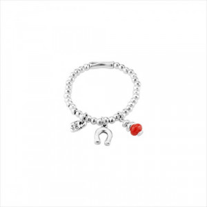 Pulsera Amuleto. Charms colgantes, herradura de la suerte, detalle color rojo. Metal bañado en plata. Uno de 50