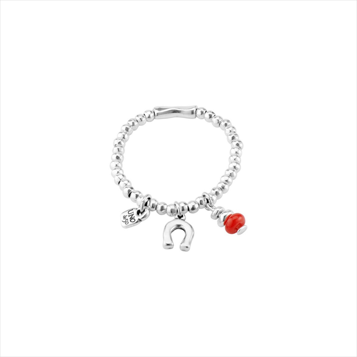 Pulsera Amuleto. Charms colgantes, herradura de la suerte, detalle color rojo. Metal bañado en plata. Uno de 50