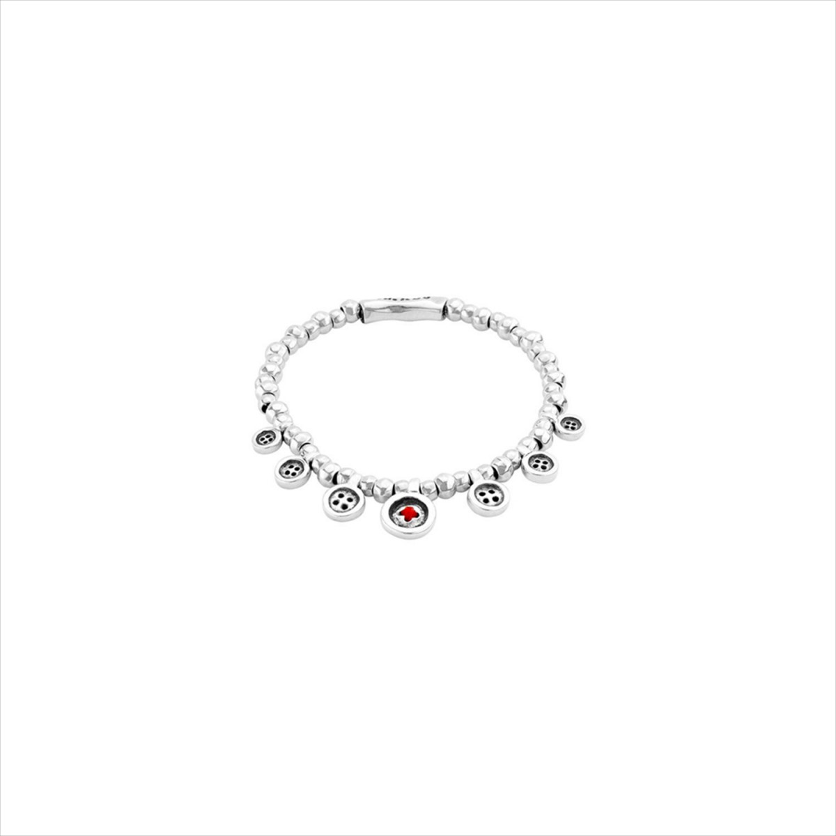 Pulseras Lady in Red. Charms botones detalle en rojo. Metal bañado en plata. Uno de 50