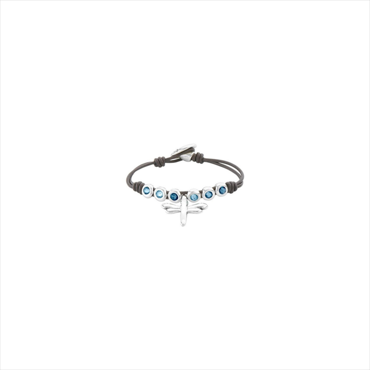 Pulsera Hold Me Tight. Cuero y metal bañado en plata con libélula. Uno de 50