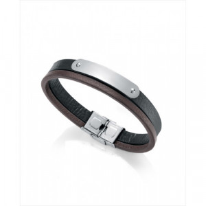 Pulsera de piel doble plana, color marrón y negro con placa de acero central. Viceroy