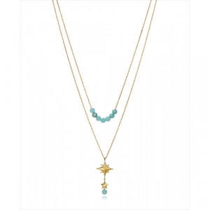 Collar en acero dorado de doble cadena con estrellas y piedras de amazonita. Largo de las cadenas, 38cm y 46cm y 3cm de extensió