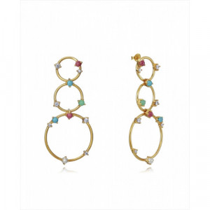 Pendiente plata bañada en oro. Tres aros distinto tamaño. Circonitas blancas, piedras color. Viceroy