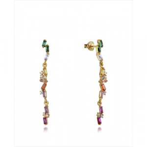 Pendiente plata bañada en oro. Tira de circonitas de colores talla baguette. Viceroy
