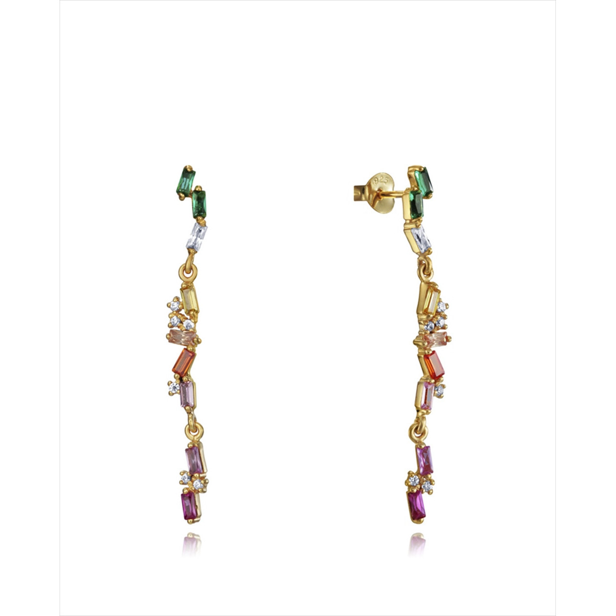 Pendiente plata bañada en oro. Tira de circonitas de colores talla baguette. Viceroy