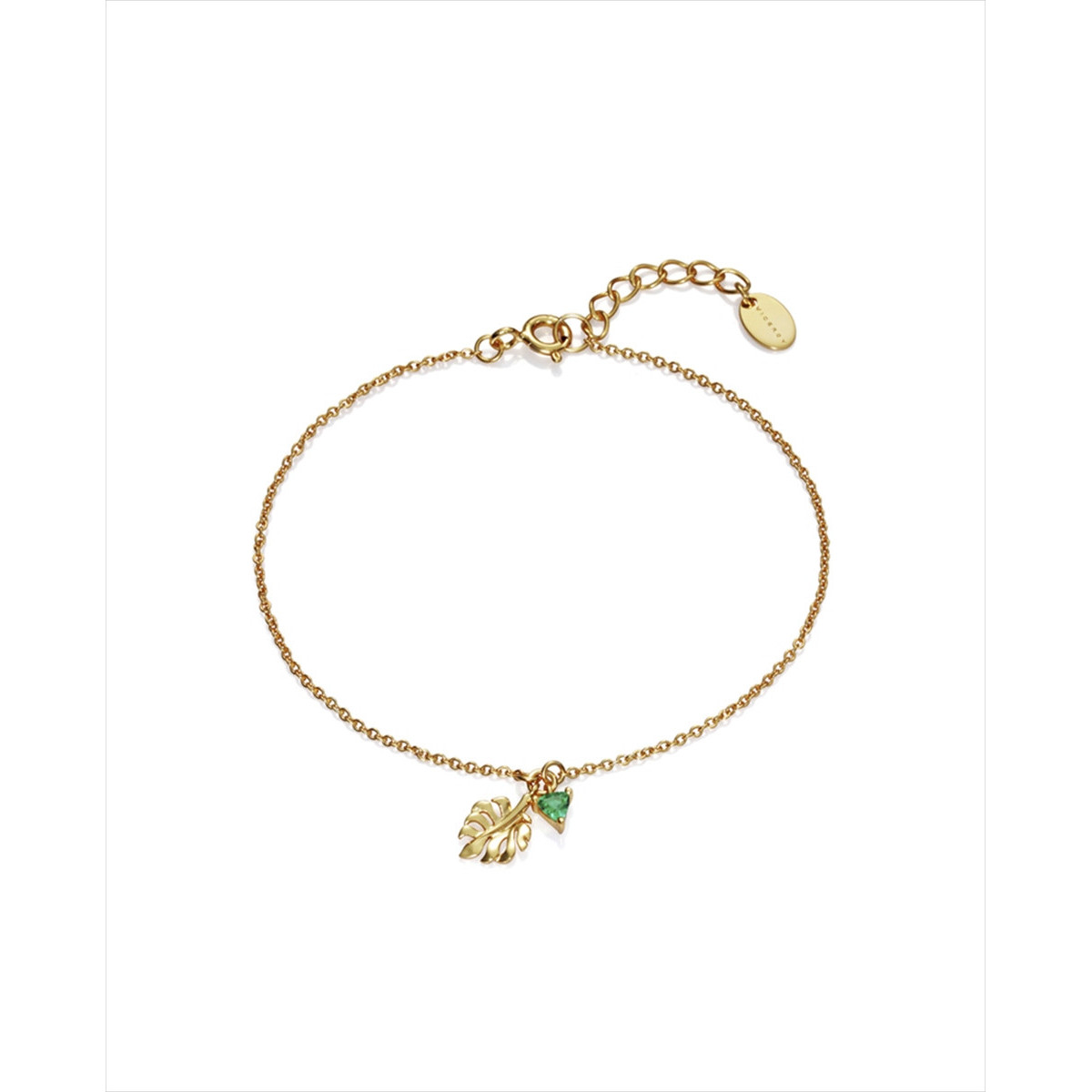 Pulsera de plata de ley 925 bañada en oro con colgante en forma de hoja y circonita verde. Largo de 17 cm y 2 cm de extensión. V