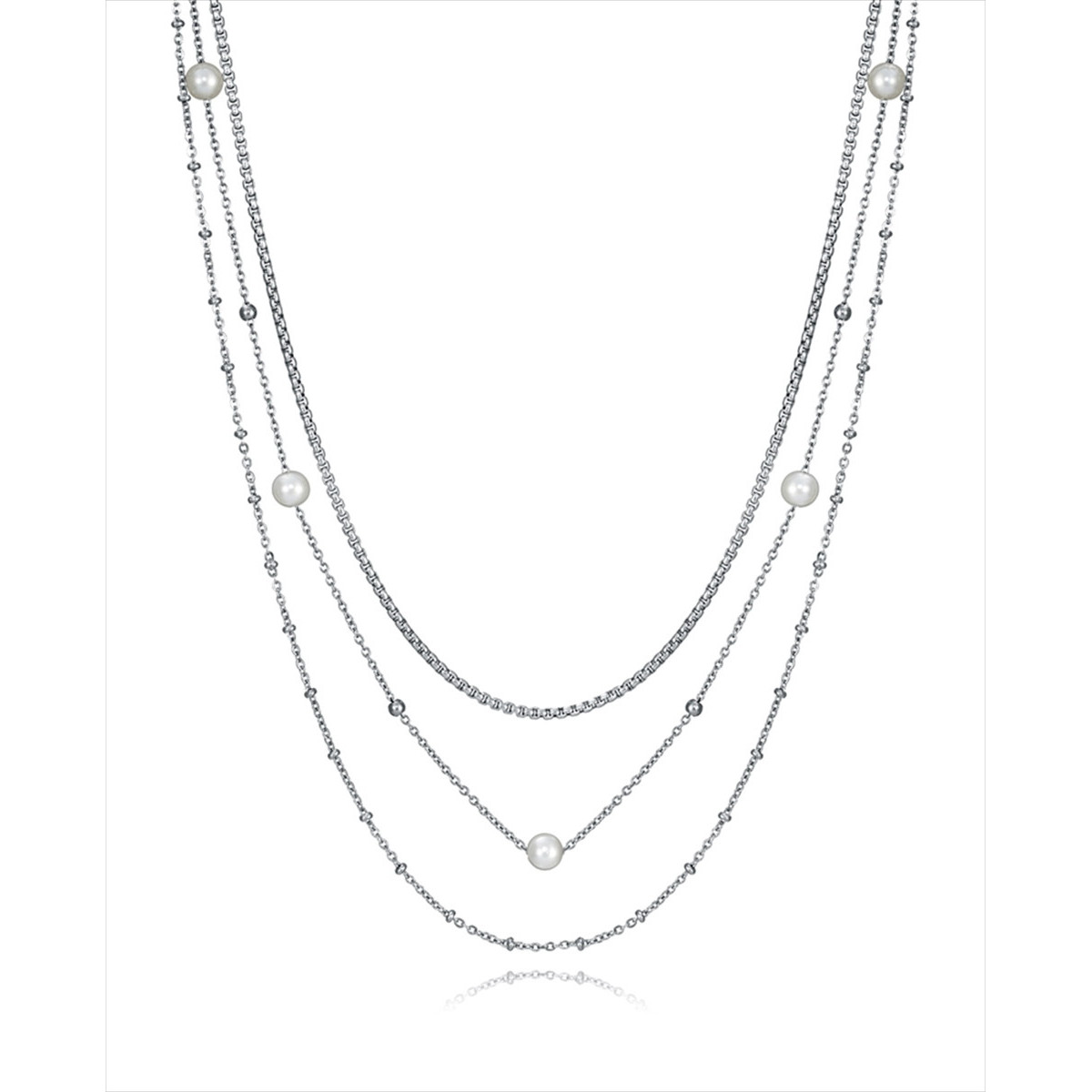 Collar triple de acero con la cadena interior de eslabones cuadrados de 2 mm, la cadena intermedia de 1,5 mm cpn 5 perlas sintét