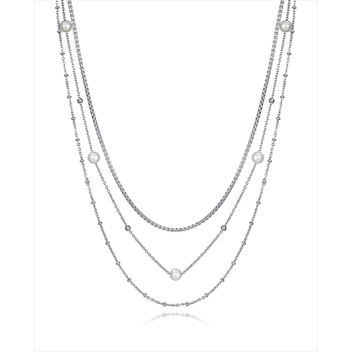 Collar triple de acero con la cadena interior de eslabones cuadrados de 2 mm, la cadena intermedia de 1,5 mm cpn 5 perlas sintét