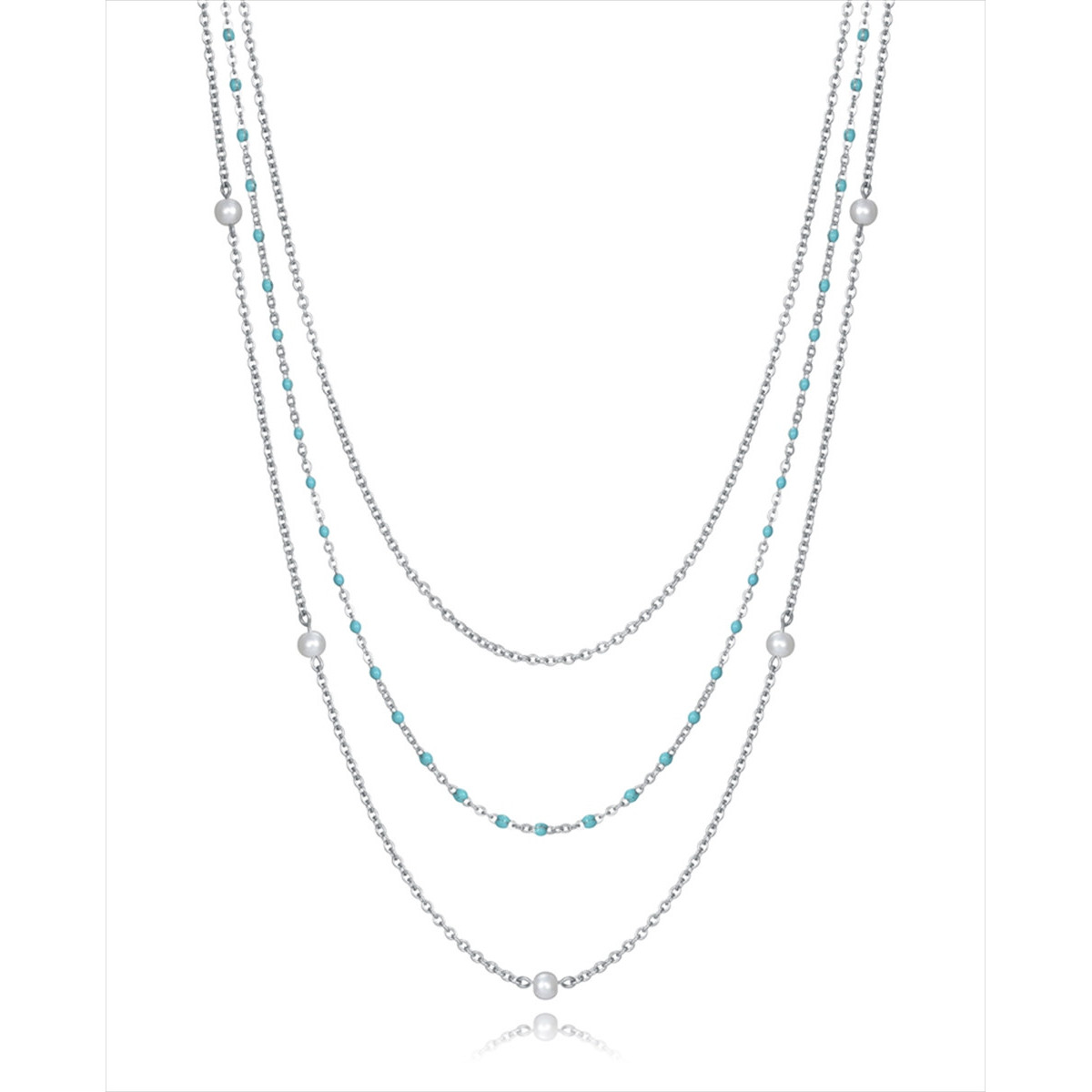 Collar triple de acero, la cadena interior es simple de 1,5 mm, la cadena intermedia tiene bolitas de esmalte turquesa y cadena