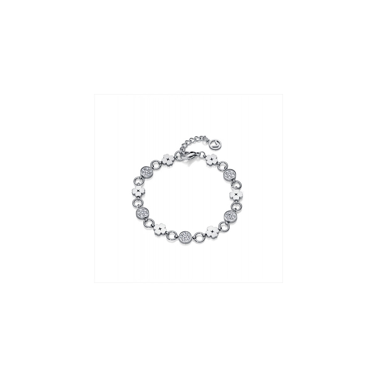 Pulsera en acero con componentes en forma de trébol y discos engastados con circonitas. Largo 17cm y 2cm de extensión. Viceroy