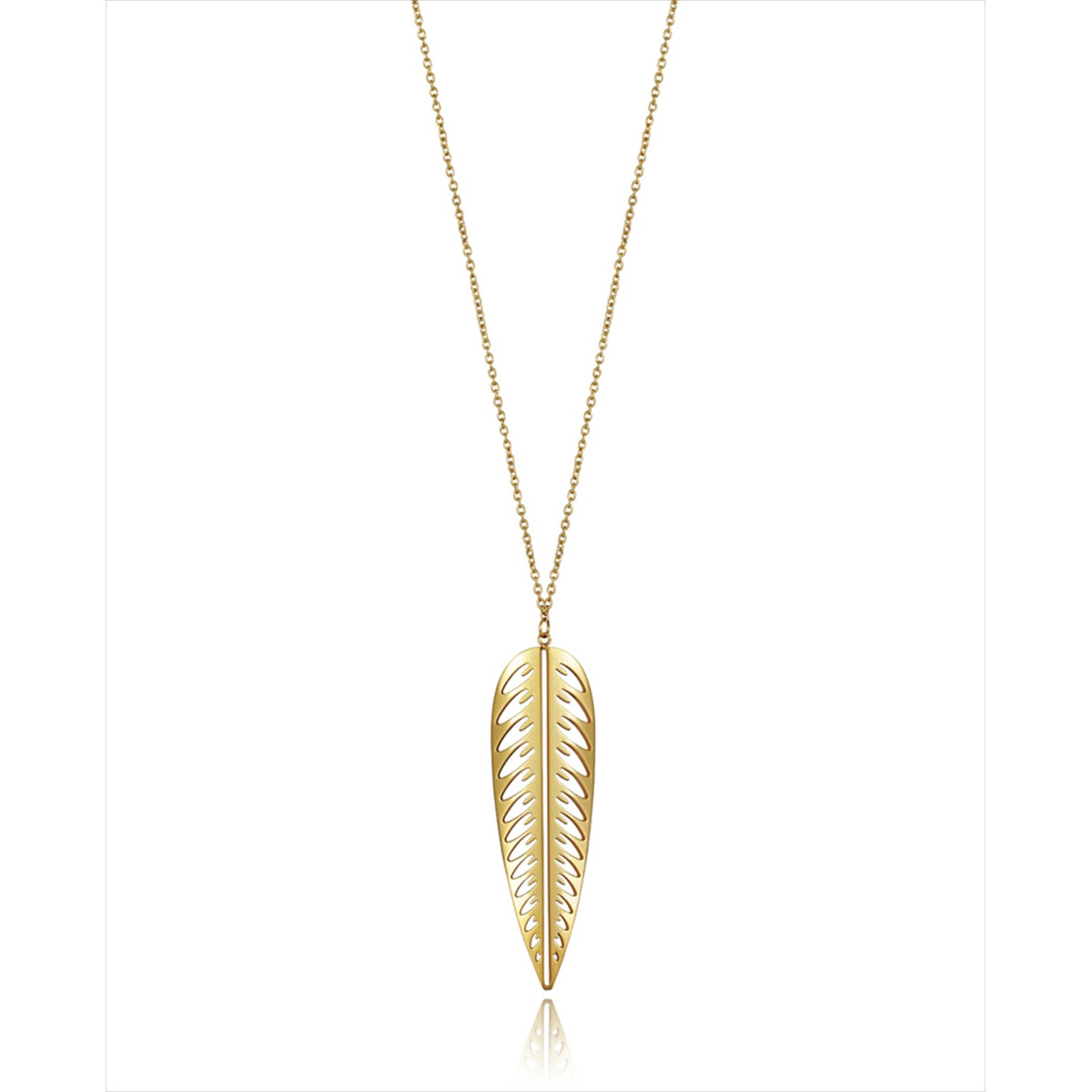 Collar largo de acero Ip Gold con colgante en forma de pluma con calado. Largo 70cm y 5cm de extensión. Viceroy