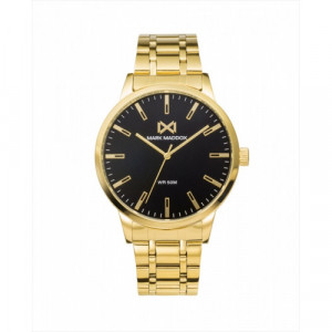 Reloj analógico Mark Maddox. Caja de acero inoxidable dorado, dial negro, agujas e índices dorados y correa de acero inoxidable