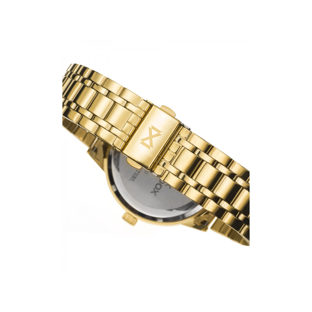 Reloj analógico Mark Maddox. Caja de acero inoxidable dorado, dial negro, agujas e índices dorados y correa de acero inoxidable