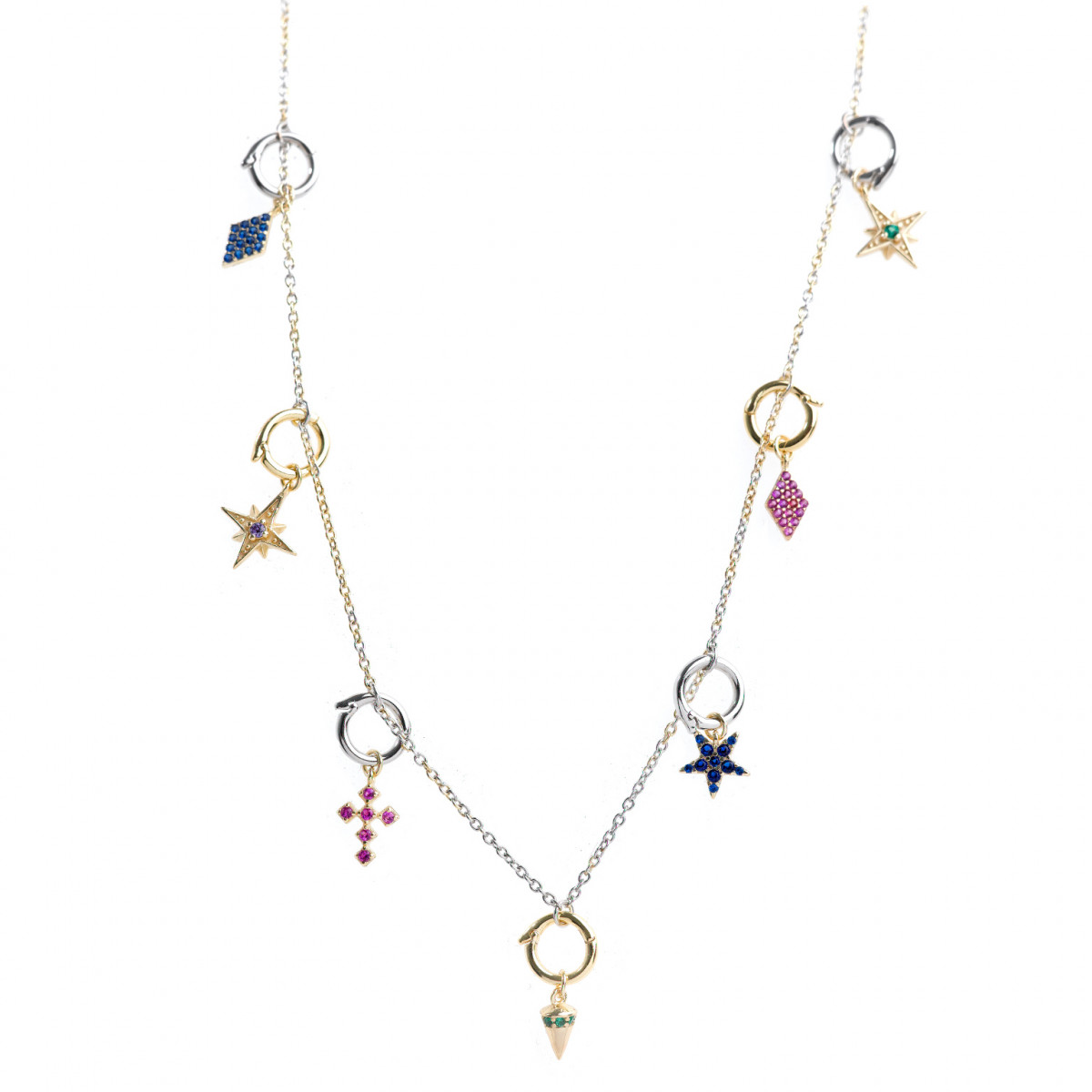 Colgante charm plata bañada en oro, estrella polar circonita rosa fucsia brillante. Miscellany. Salvatore