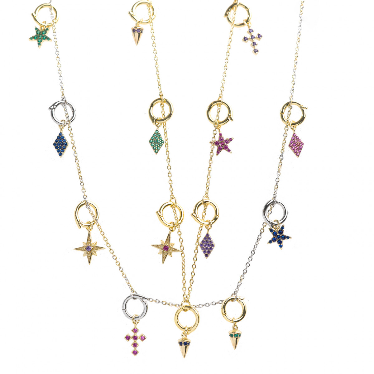 Colgante charm plata bañada en oro, rombo circonitas rosa fucsia. Miscellany. Salvatore