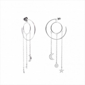 PENDIENTES ARO CON COLGANTE TRIPLE MOTIVO DISEÑO ESTRELLA LUNA. LINEARGENT