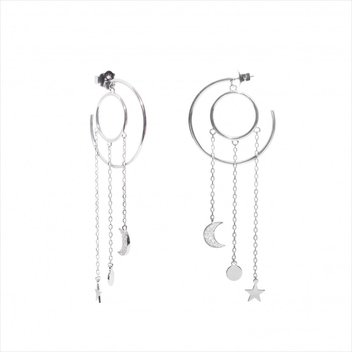 PENDIENTES ARO CON COLGANTE TRIPLE MOTIVO DISEÑO ESTRELLA LUNA. LINEARGENT