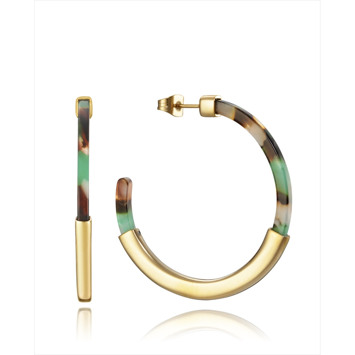 Pendientes de aro de acero IP dorado plana de 4cm diámetro y cierre a presión. Resina colores verdosos y pieza central de acero