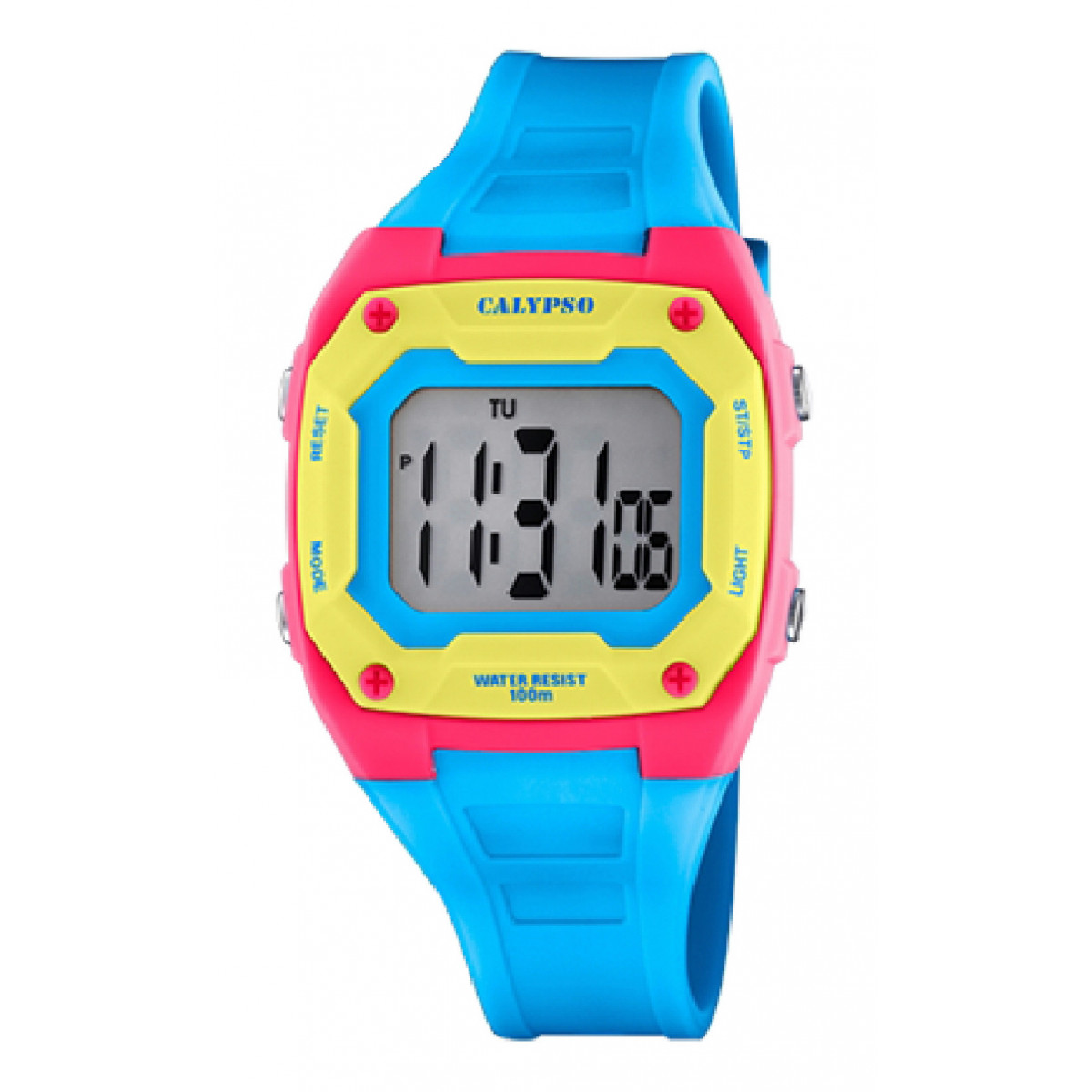 RELOJ CALYPSO DIGITAL CRUSH K5813/4 AZUL CORREA DE CAUCHO CELESTE AMARILLO Y ROSA, INFANTIL