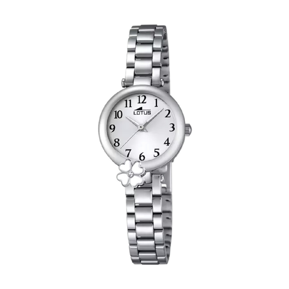 RELOJ LOTUS 18266/1 BLANCO, CORREA DE ACERO PLATEADO, DETALLE FLOR BLANCA