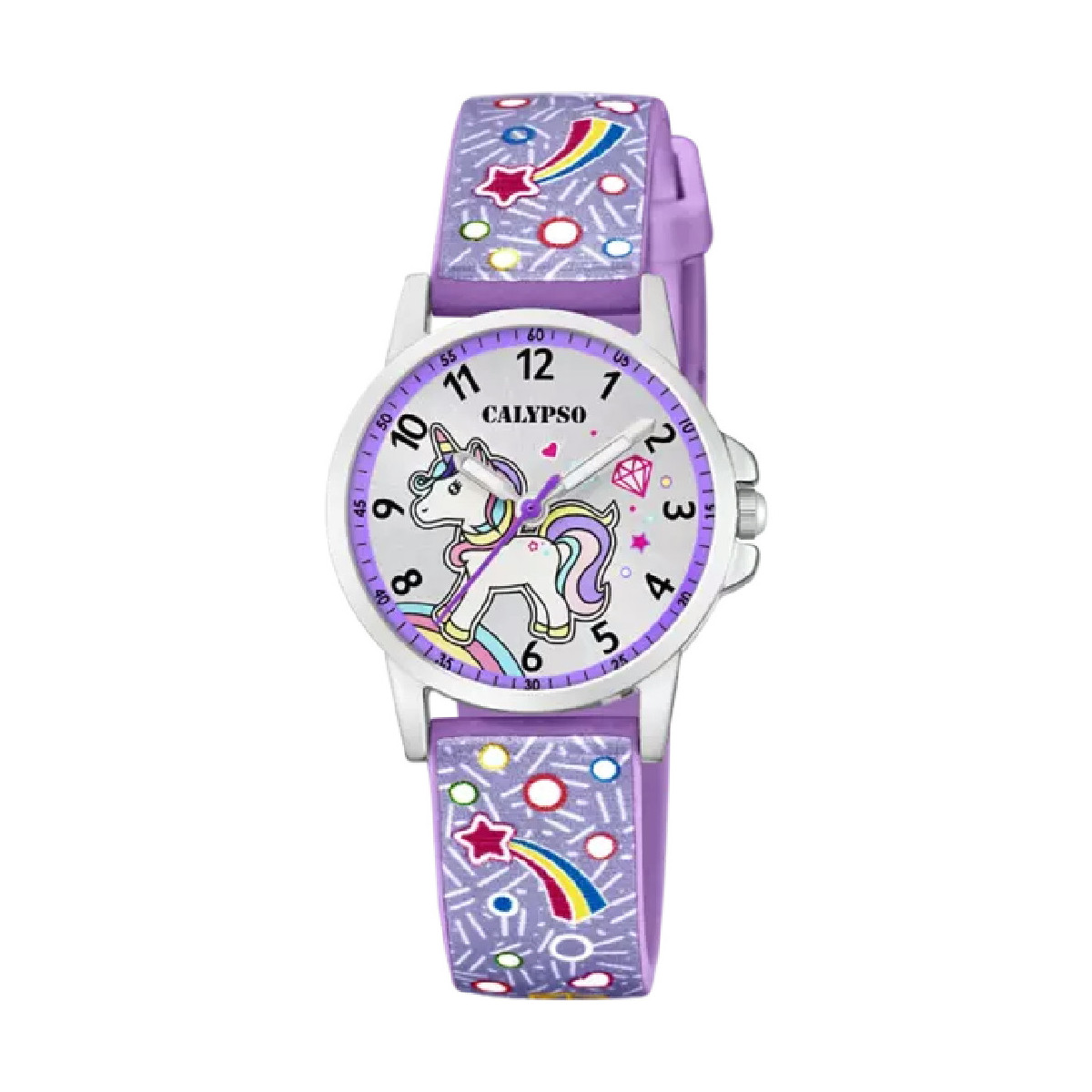 RELOJ CALYPSO JUNIOR COLLECTION K5776/6 ESFERA BLANCO UNICORNIO, CORREA DE CAUCHO LILA