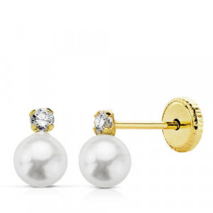 Pendientes oro amarillo mini circonita y perla 5mm
