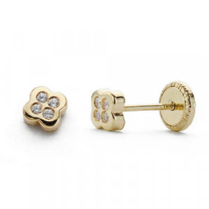 Pendientes oro mini flor 4 circonitas 4mm