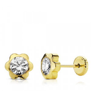 Pendientes oro mini chatón flor con circonita 7mm