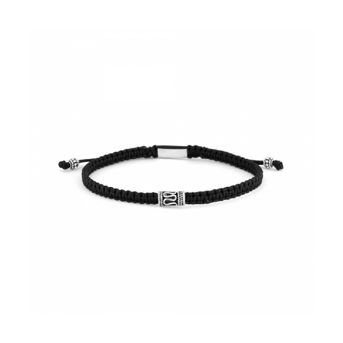 Pulsera de hilo anudada negra con un motivo de plata. Promojoya