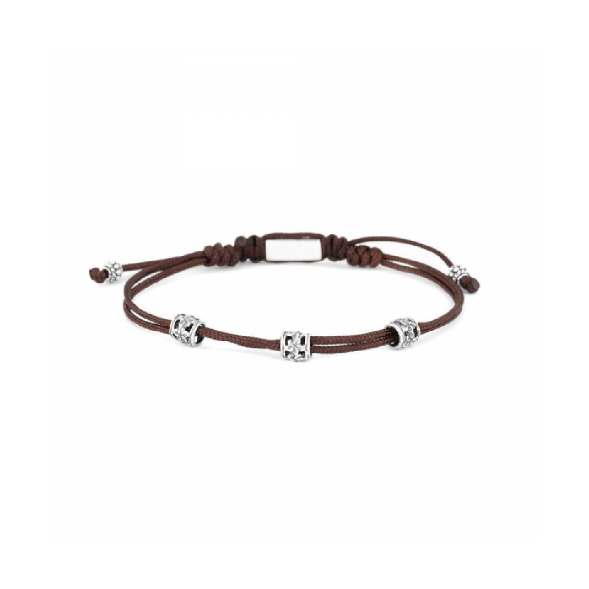 Pulsera de hilo marrón con tres motivos de plata. Promojoya