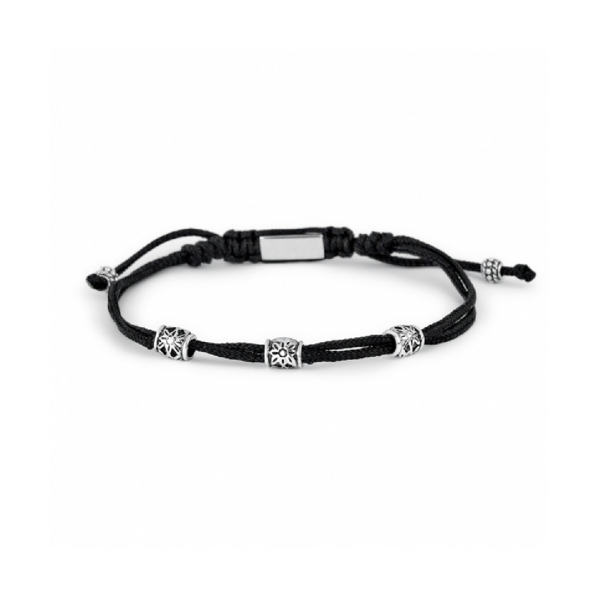 Pulsera de hilo negro con tres motivos de plata. Promojoya