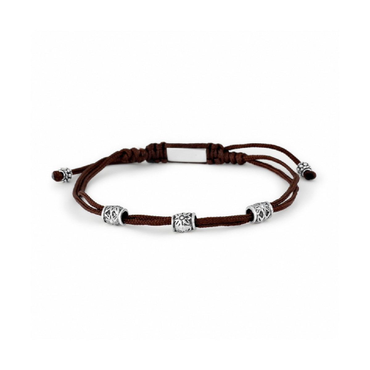 Pulsera de hilo marrón con tres motivos de plata. Promojoya