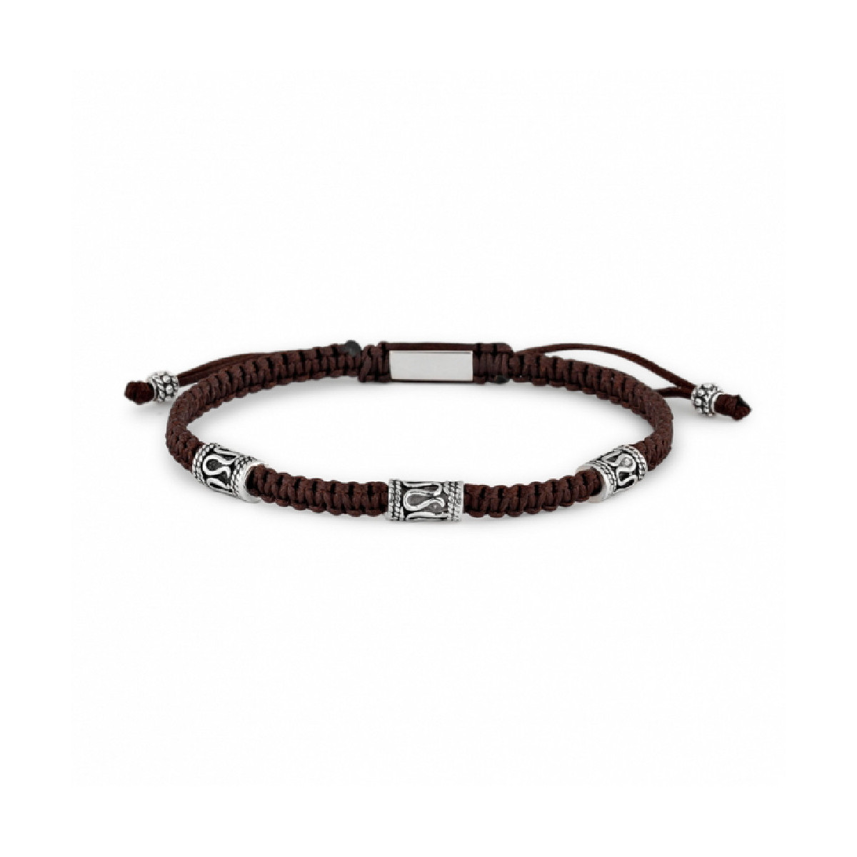 Pulsera de hilo anudada marrón con tres motivos de plata. Promojoya