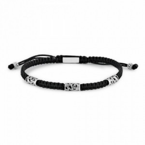 Pulsera de hilo anudado negra con tres motivos de plata. Promojoya
