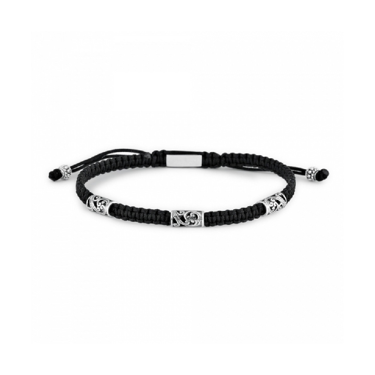 Pulsera de hilo anudado negra con tres motivos de plata. Promojoya