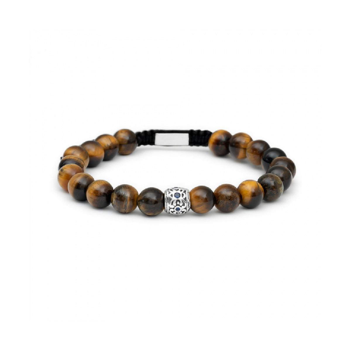 Pulsera bolas de ojo de tigre con un motivo de plata. Promojoya