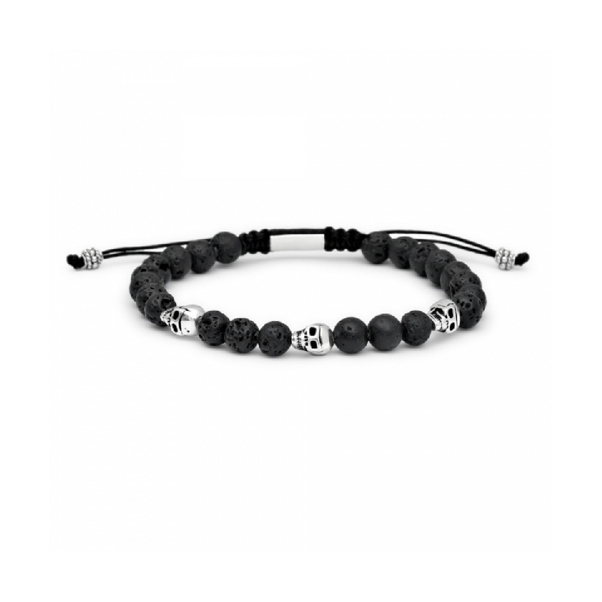 Pulsera de bolas de piedra volcánica con tres motivos de plata. Promojoya