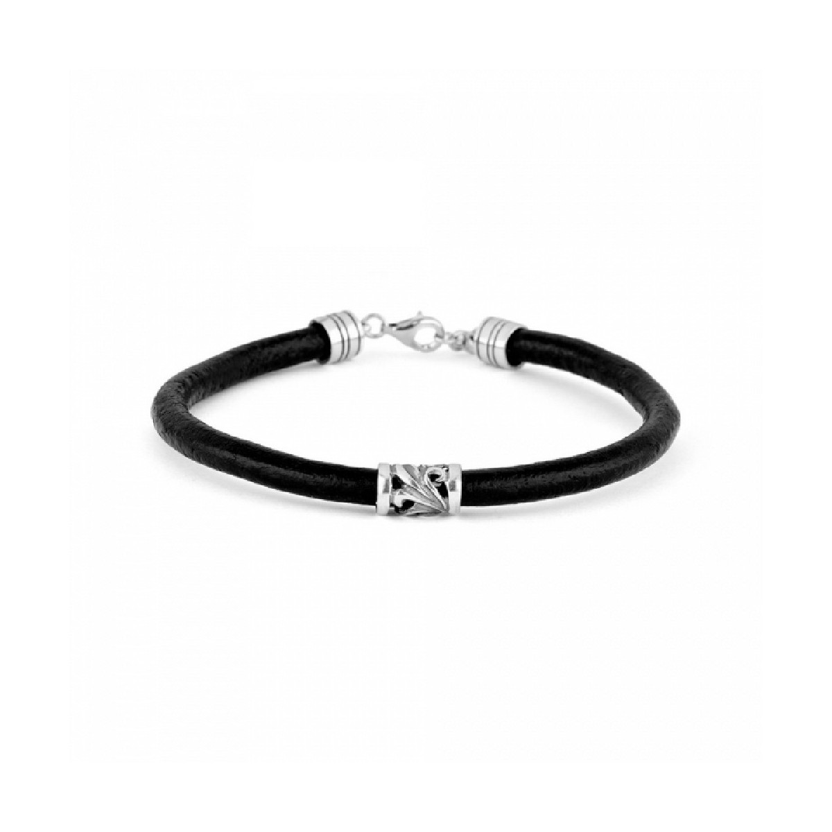 Pulsera cuero negro con motivo un de plata. Promojoya