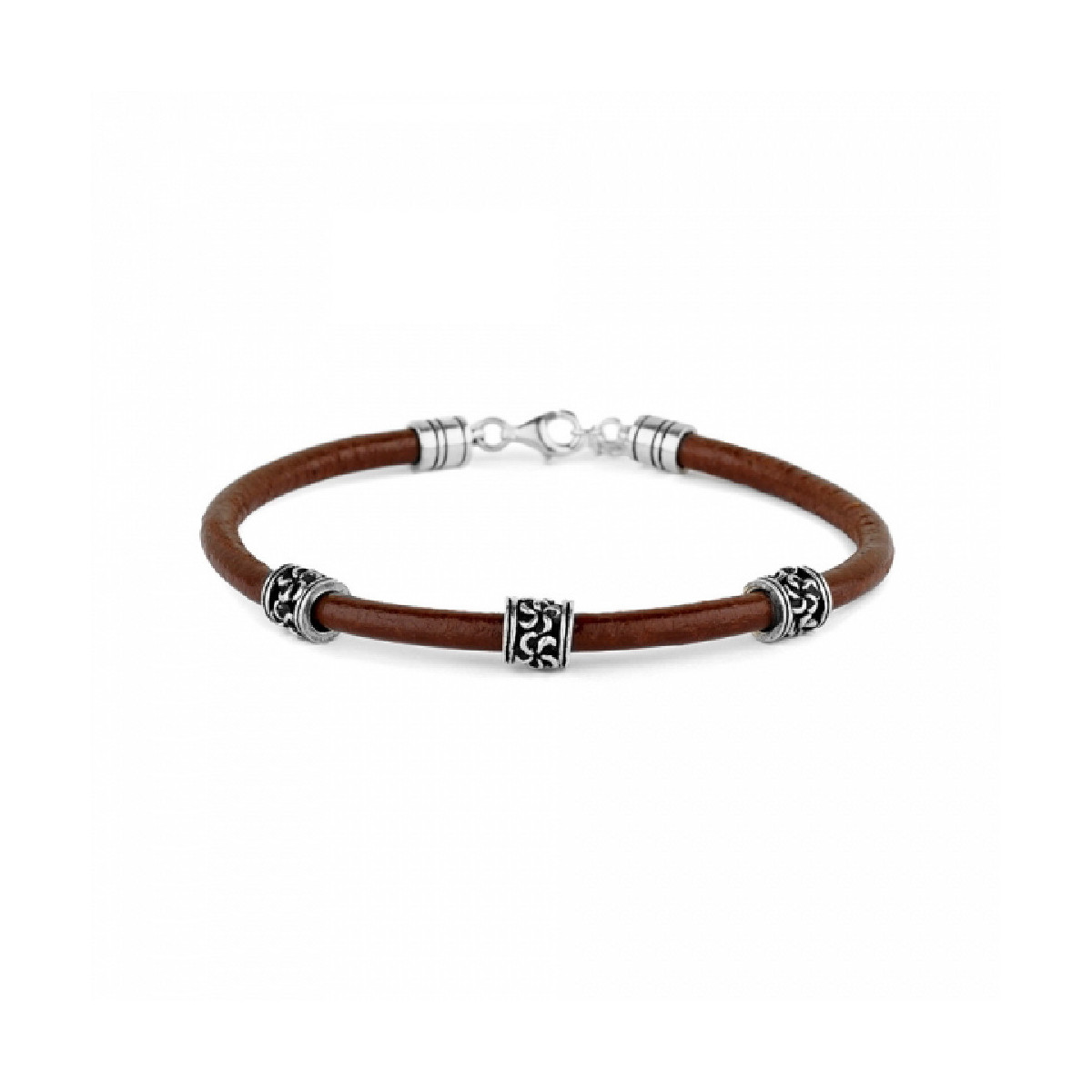 Pulsera de cuero marrón con tres motivos de plata. Promojoya